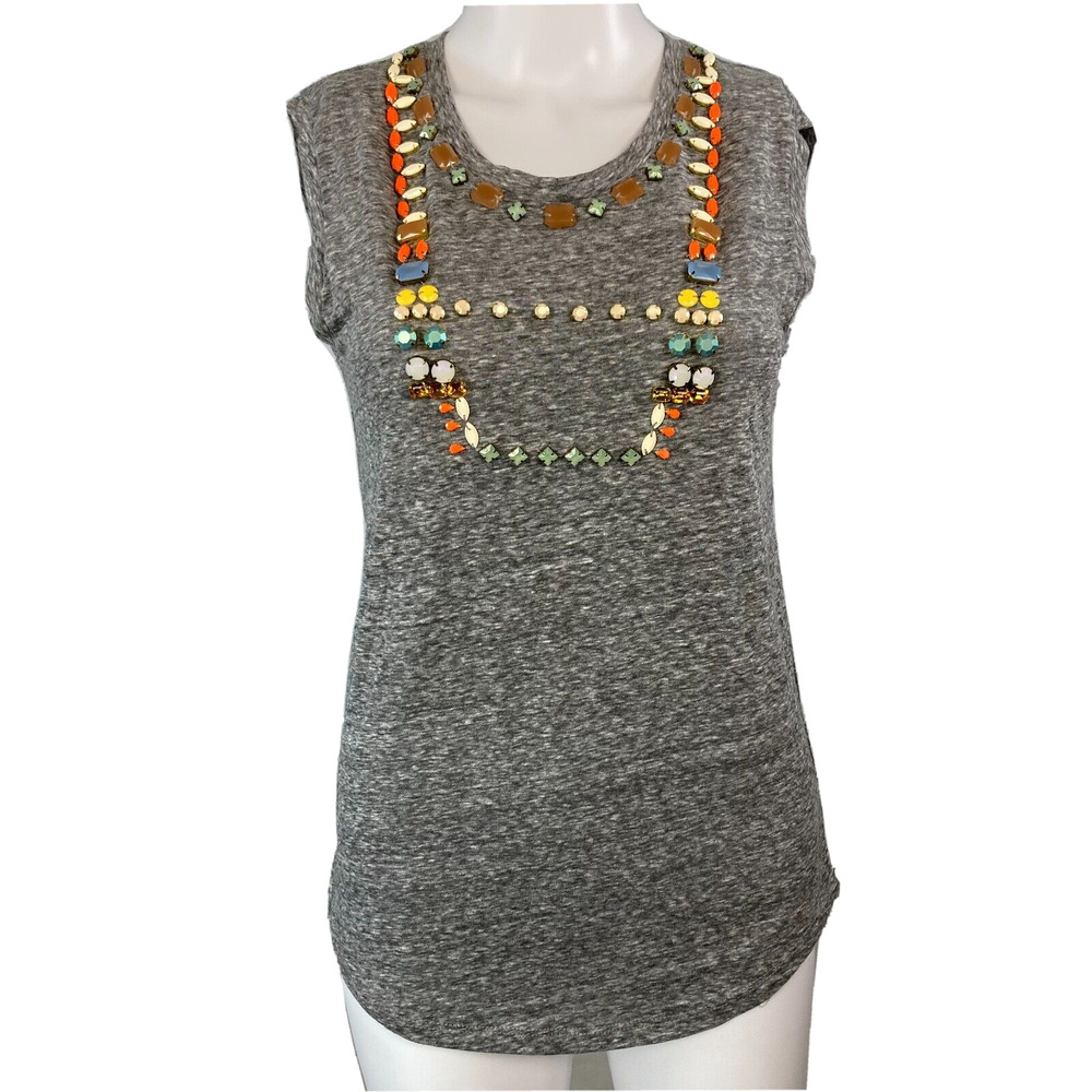 J. Crew T-Shirt Womens Sz XS Heather Gray Jewel Embellished Top Cotton Stretch
